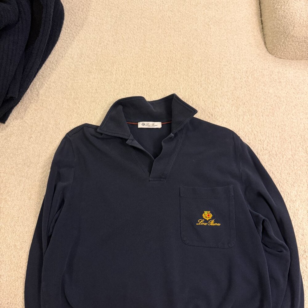 Loro Piana Navy Long Sleeve Polo Gold Logo Sz S Luxury